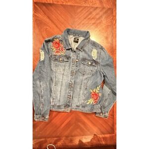 One5One Womens Denim Jacket XL Floral Patch Aplique Distressed Blue Jean Coat